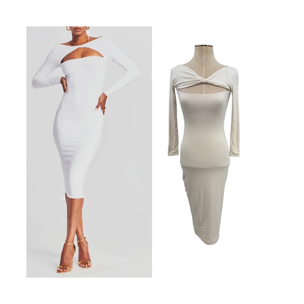 SER.O.YA Irene Twist Cutout Midi Dress White Long Sleeve Bodycon Size XS‎